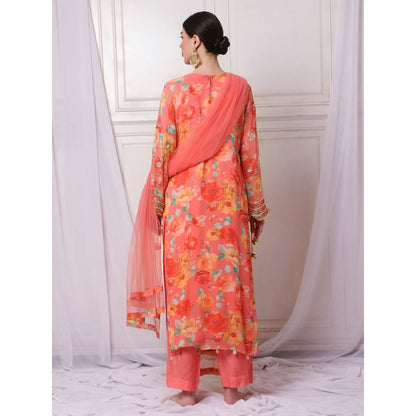 Bha-Sha Deepani Orange Floral Kurta with Pant & Dupatta (Set of 3)