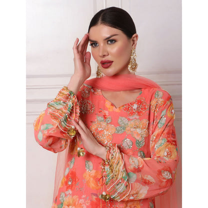 Bha-Sha Deepani Orange Floral Kurta with Pant & Dupatta (Set of 3)