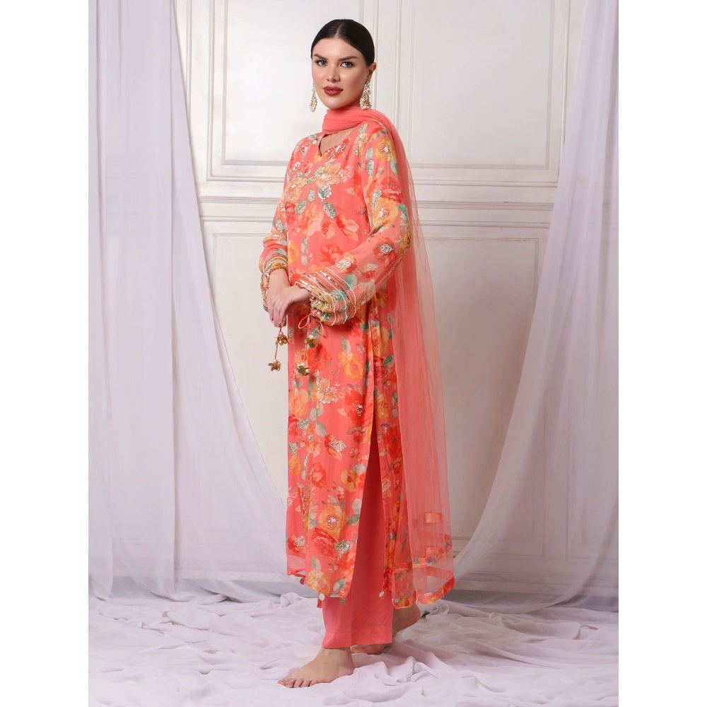 Bha-Sha Deepani Orange Floral Kurta with Pant & Dupatta (Set of 3)