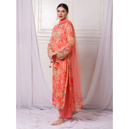 Bha-Sha Deepani Orange Floral Kurta with Pant & Dupatta (Set of 3)