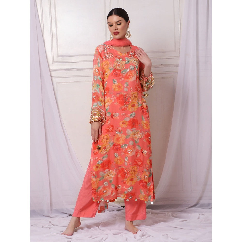 Bha-Sha Deepani Orange Floral Kurta with Pant & Dupatta (Set of 3)