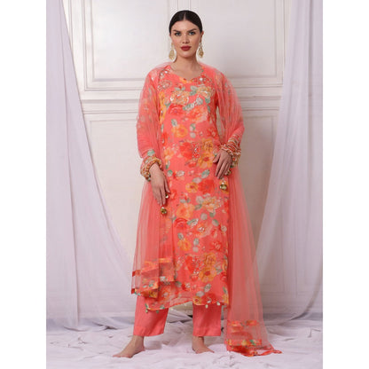 Bha-Sha Deepani Orange Floral Kurta with Pant & Dupatta (Set of 3)