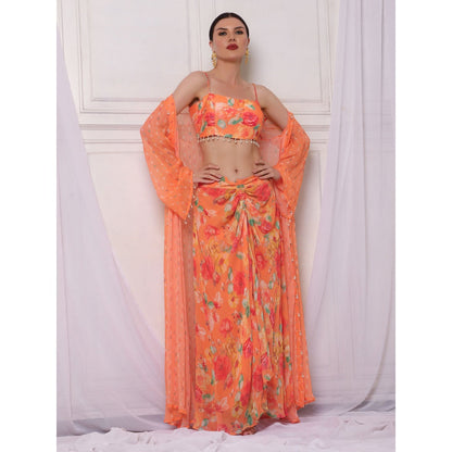 Bha-Sha Iris Orange Floral Jacket with Bustier & Skirt (Set of 3)