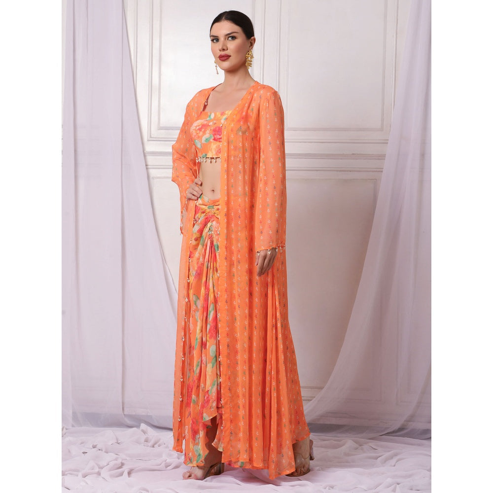 Bha-Sha Iris Orange Floral Jacket with Bustier & Skirt (Set of 3)