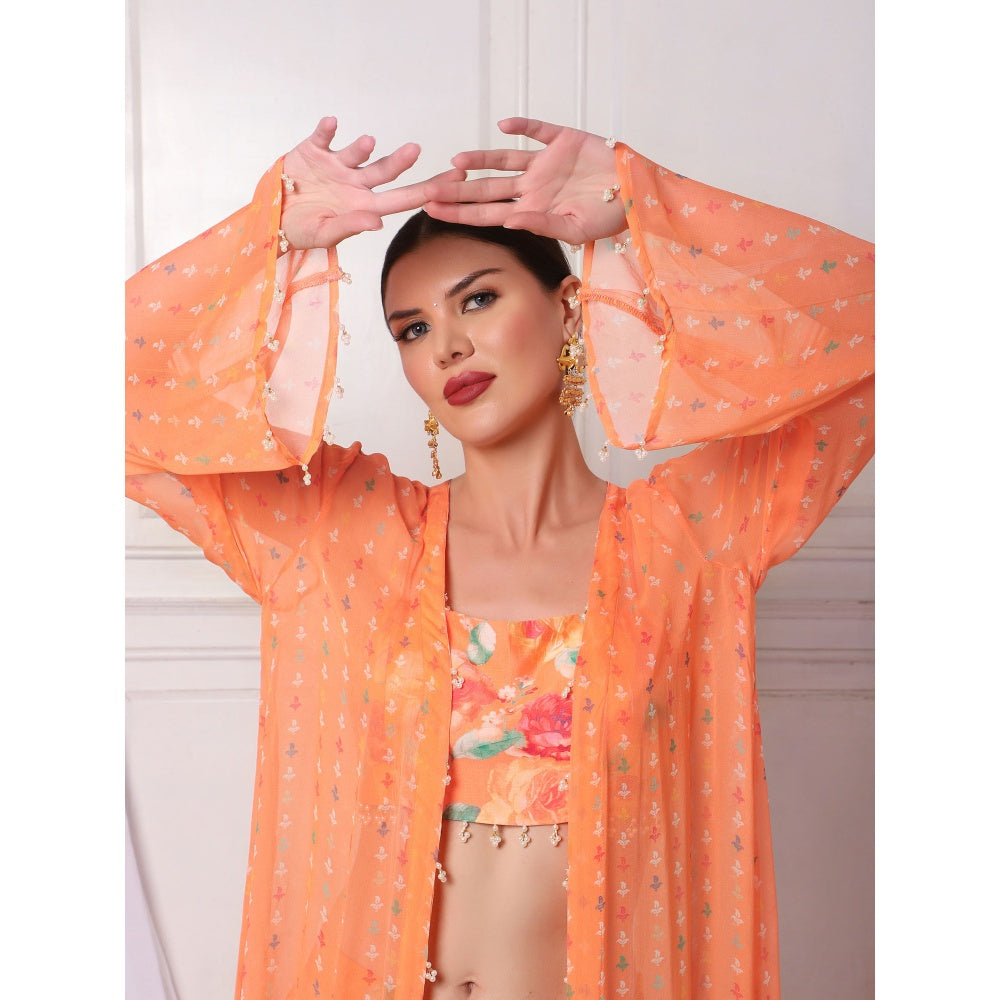 Bha-Sha Iris Orange Floral Jacket with Bustier & Skirt (Set of 3)