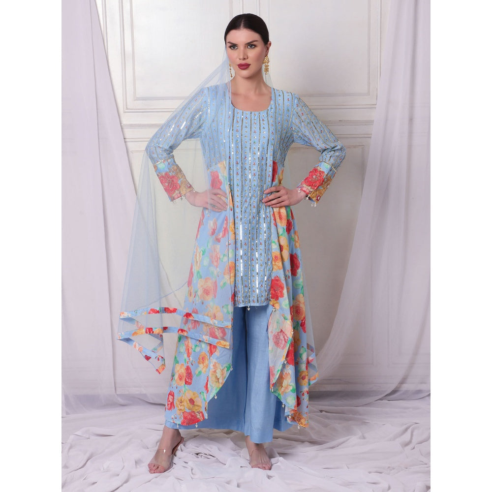 Bha-Sha Neeta Blue Floral Tunic with Palazzo & Dupatta (Set of 3)