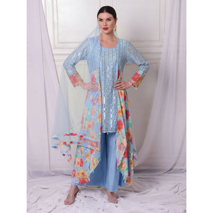 Bha-Sha Neeta Blue Floral Tunic with Palazzo & Dupatta (Set of 3)
