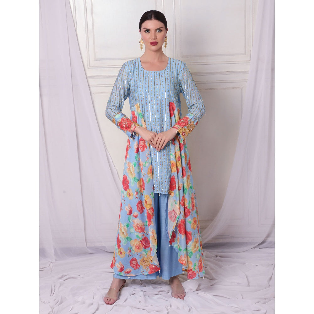 Bha-Sha Neeta Blue Floral Tunic with Palazzo & Dupatta (Set of 3)