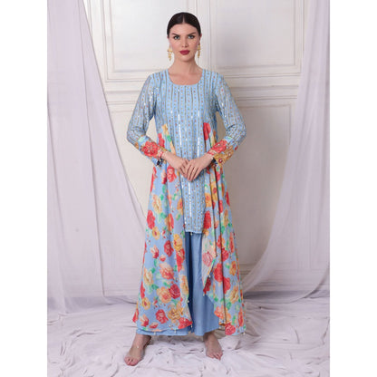 Bha-Sha Neeta Blue Floral Tunic with Palazzo & Dupatta (Set of 3)