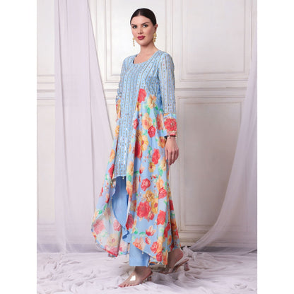 Bha-Sha Neeta Blue Floral Tunic with Palazzo & Dupatta (Set of 3)
