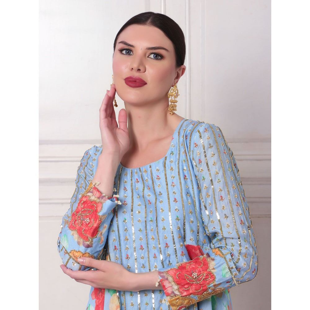 Bha-Sha Neeta Blue Floral Tunic with Palazzo & Dupatta (Set of 3)