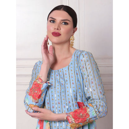 Bha-Sha Neeta Blue Floral Tunic with Palazzo & Dupatta (Set of 3)