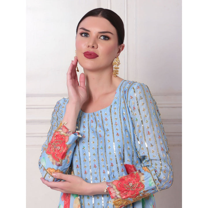 Bha-Sha Neeta Blue Floral Tunic with Palazzo & Dupatta (Set of 3)
