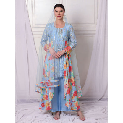 Bha-Sha Neeta Blue Floral Tunic with Palazzo & Dupatta (Set of 3)
