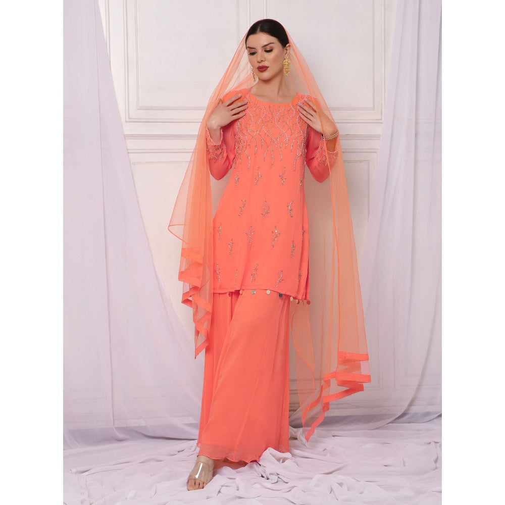 Bha-Sha Della Orange Embellished Kurta with Sharara & Dupatta (Set of 3)