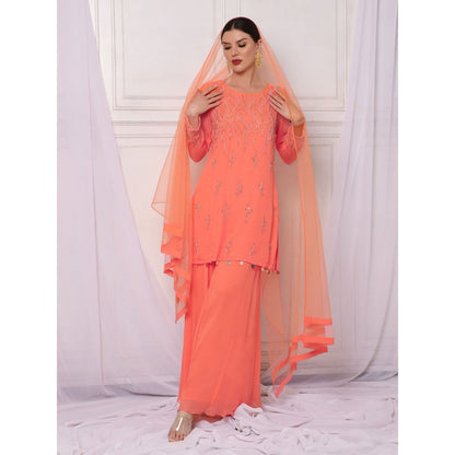 Bha-Sha Della Orange Embellished Kurta with Sharara & Dupatta (Set of 3)