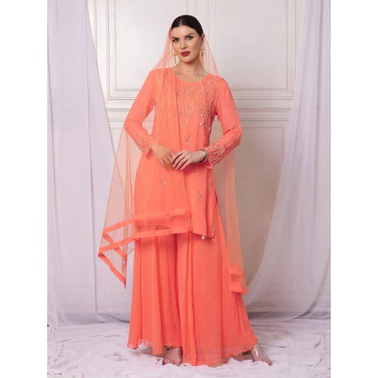 Bha-Sha Della Orange Embellished Kurta with Sharara & Dupatta (Set of 3)
