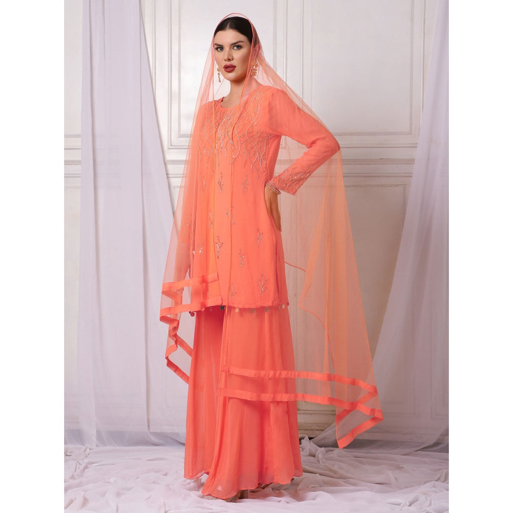 Bha-Sha Della Orange Embellished Kurta with Sharara & Dupatta (Set of 3)