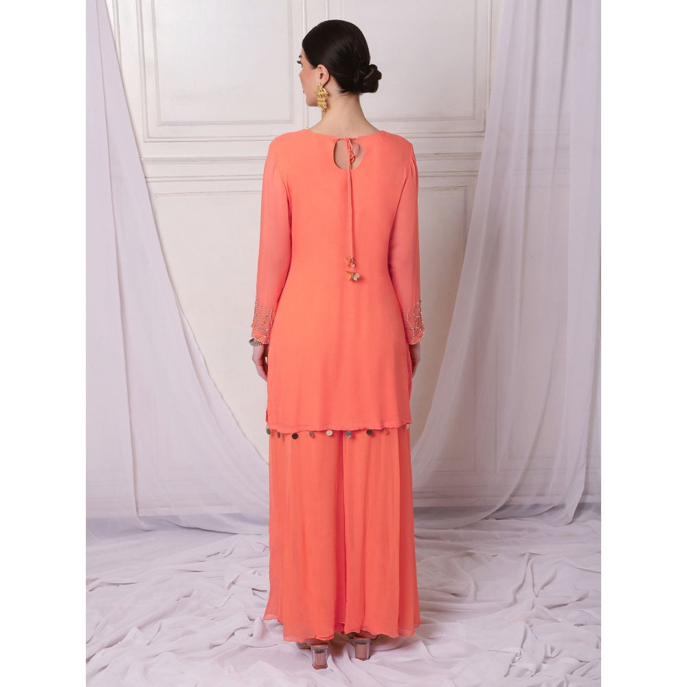 Bha-Sha Della Orange Embellished Kurta with Sharara & Dupatta (Set of 3)