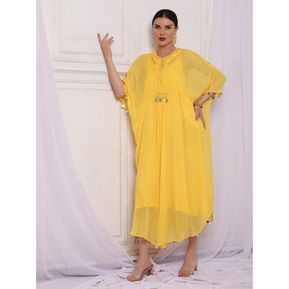 Bha-Sha Bindu Yellow Embellished Kaftan with Inner (Set of 2)