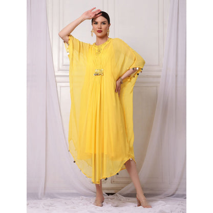 Bha-Sha Bindu Yellow Embellished Kaftan with Inner (Set of 2)