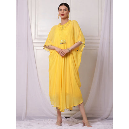 Bha-Sha Bindu Yellow Embellished Kaftan with Inner (Set of 2)