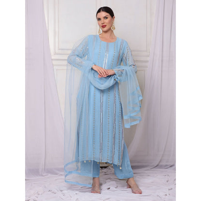 Bha-Sha Dali Blue Embellished Kurta with Pant & Dupatta (Set of 3)