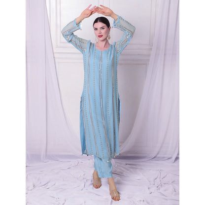 Bha-Sha Dali Blue Embellished Kurta with Pant & Dupatta (Set of 3)