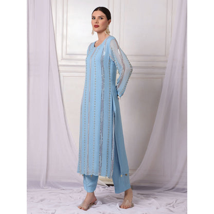 Bha-Sha Dali Blue Embellished Kurta with Pant & Dupatta (Set of 3)