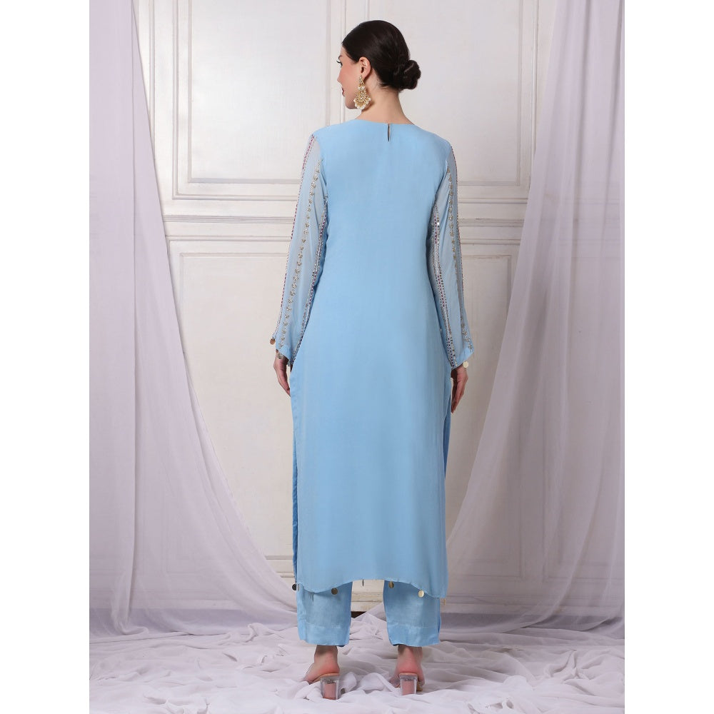 Bha-Sha Dali Blue Embellished Kurta with Pant & Dupatta (Set of 3)