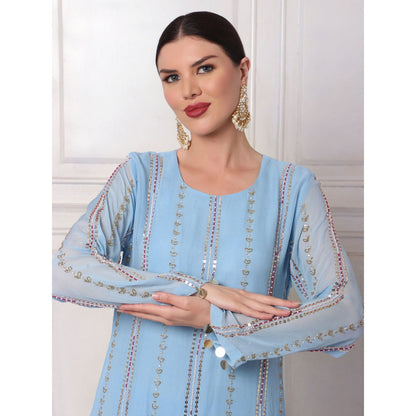 Bha-Sha Dali Blue Embellished Kurta with Pant & Dupatta (Set of 3)