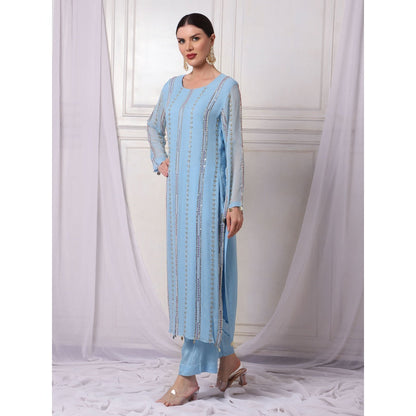 Bha-Sha Dali Blue Embellished Kurta with Pant & Dupatta (Set of 3)