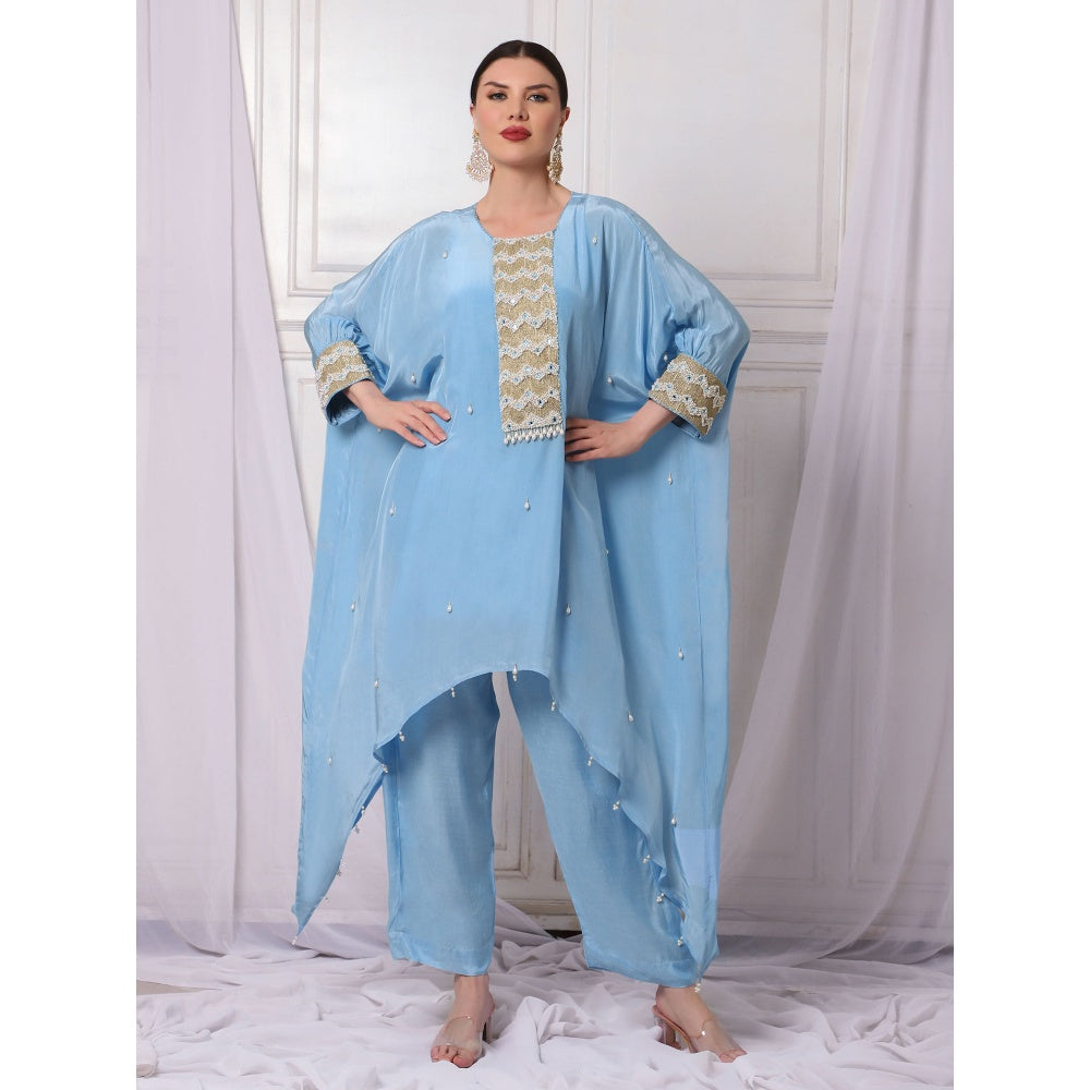 Bha-Sha Afrah Crepe Blue Embellished Kaftan with Inner & Pant (Set of 3)