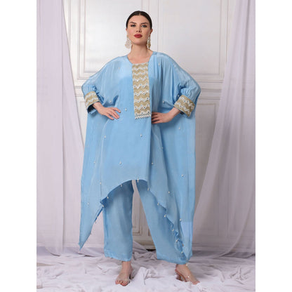 Bha-Sha Afrah Crepe Blue Embellished Kaftan with Inner & Pant (Set of 3)