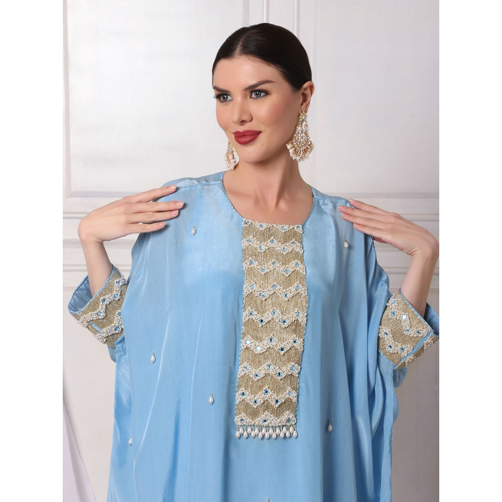 Bha-Sha Afrah Crepe Blue Embellished Kaftan with Inner & Pant (Set of 3)