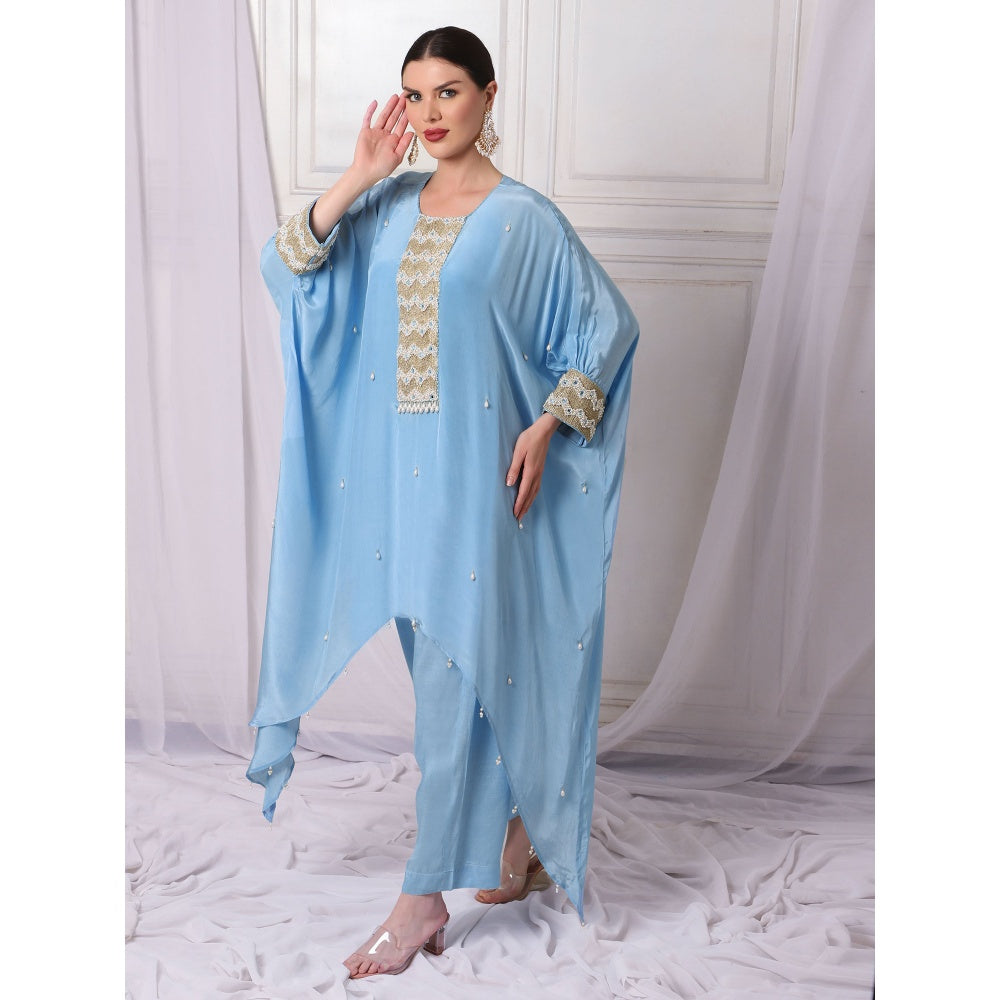 Bha-Sha Afrah Crepe Blue Embellished Kaftan with Inner & Pant (Set of 3)