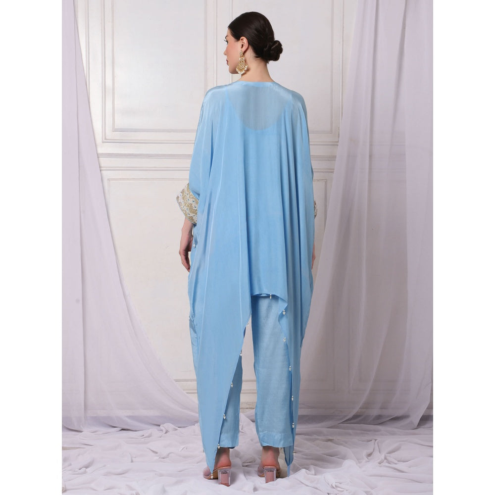 Bha-Sha Afrah Crepe Blue Embellished Kaftan with Inner & Pant (Set of 3)