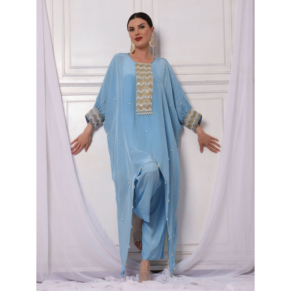 Bha-Sha Afrah Crepe Blue Embellished Kaftan with Inner & Pant (Set of 3)