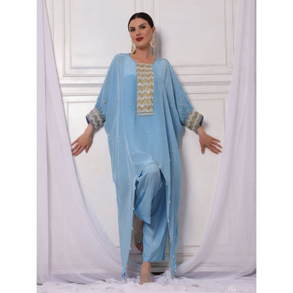 Bha-Sha Afrah Crepe Blue Embellished Kaftan with Inner & Pant (Set of 3)