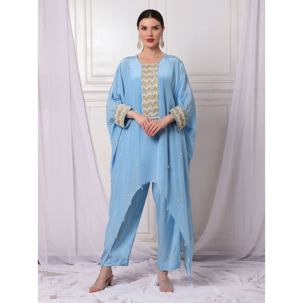 Bha-Sha Afrah Crepe Blue Embellished Kaftan with Inner & Pant (Set of 3)
