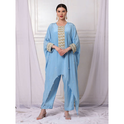 Bha-Sha Afrah Crepe Blue Embellished Kaftan with Inner & Pant (Set of 3)