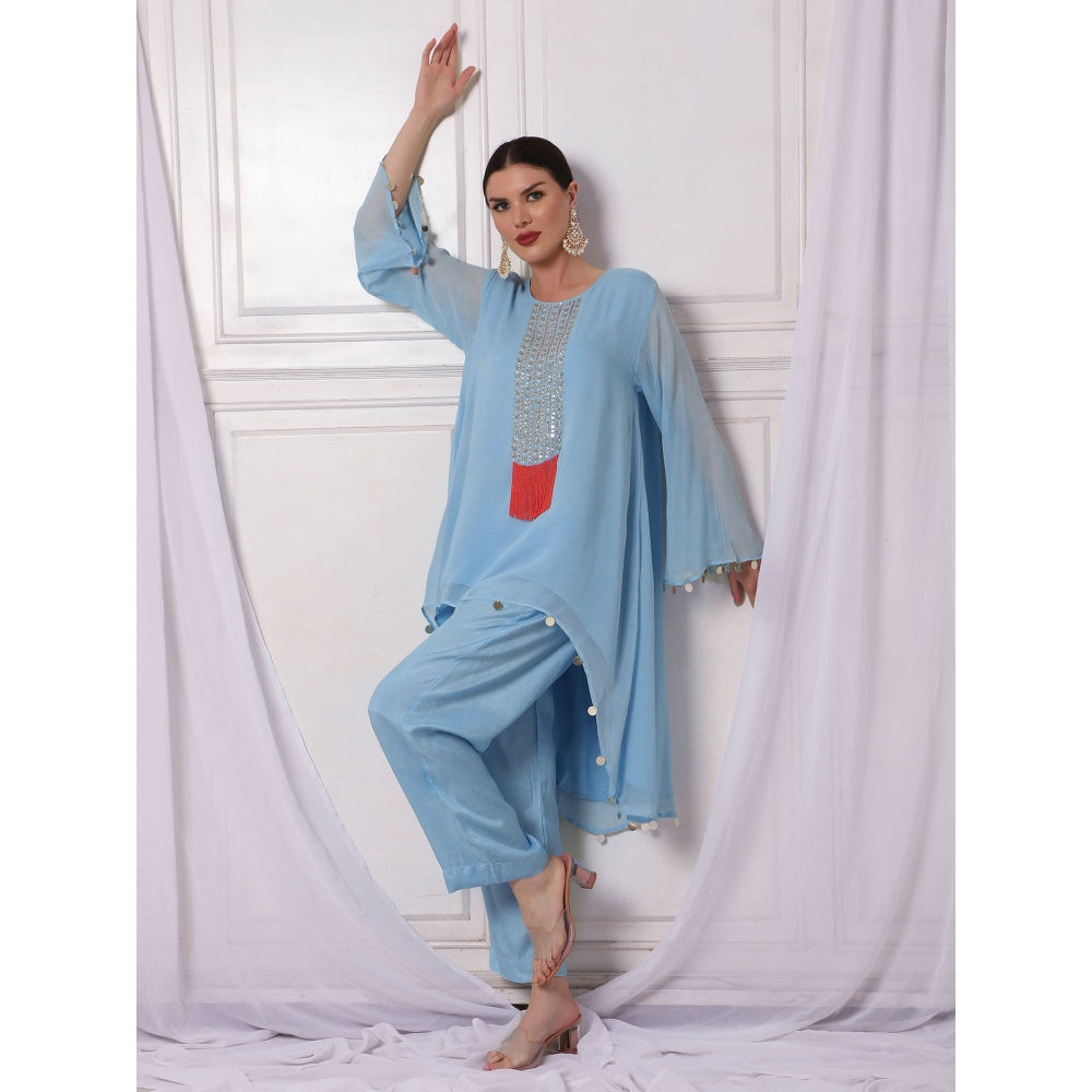 Bha-Sha Mansi Blue Embellished Tunic with Pant (Set of 2)