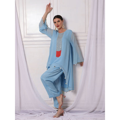 Bha-Sha Mansi Blue Embellished Tunic with Pant (Set of 2)