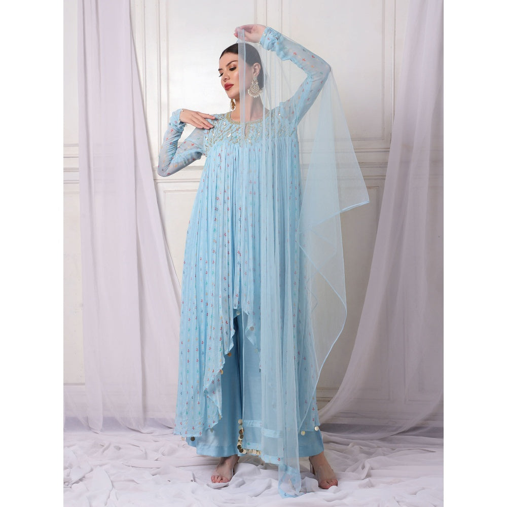 Bha-Sha Koyal Blue Embellished Kurta with Palazzo & Dupatta (Set of 3)