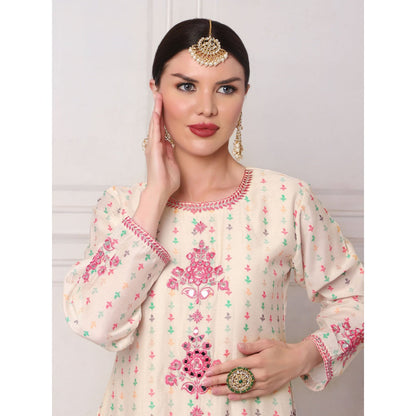 Bha-Sha Marina Ivory Embroidered Kurta with Pant (Set of 2)