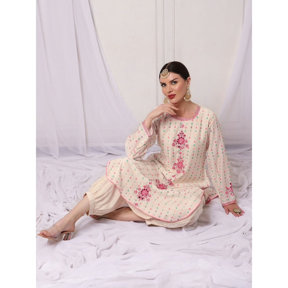 Bha-Sha Marina Ivory Embroidered Kurta with Pant (Set of 2)