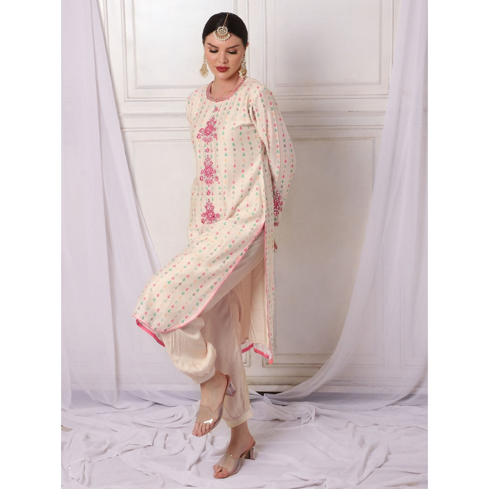 Bha-Sha Marina Ivory Embroidered Kurta with Pant (Set of 2)