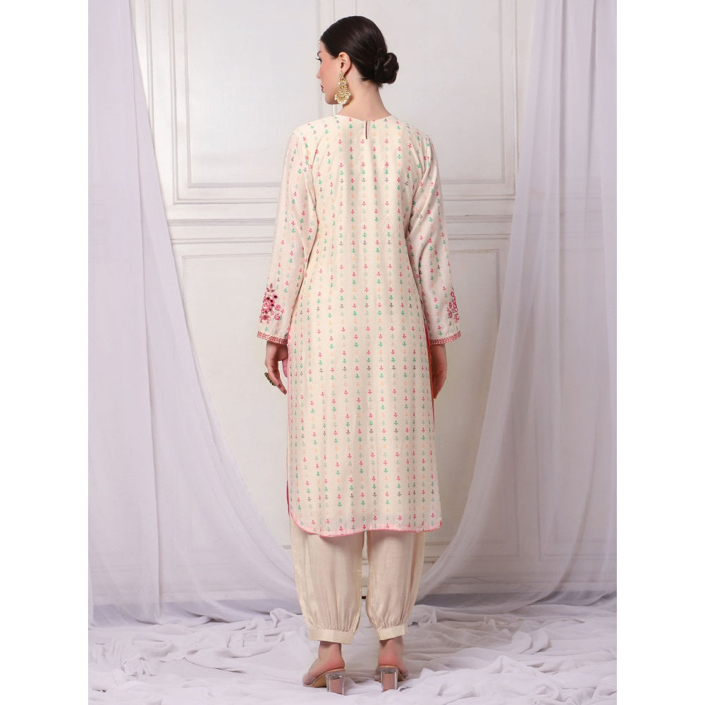 Bha-Sha Marina Ivory Embroidered Kurta with Pant (Set of 2)