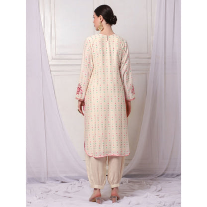 Bha-Sha Marina Ivory Embroidered Kurta with Pant (Set of 2)