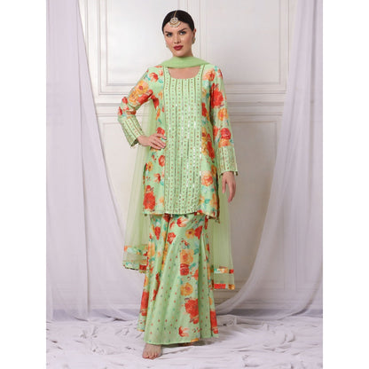 Bha-Sha Hazel Green Floral Kurta with Sharara & Dupatta (Set of 3)